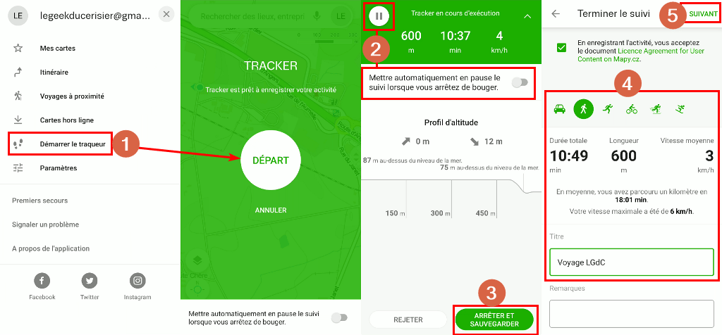 Capture d'écran de l'application Android Mapy.cz, traqueur