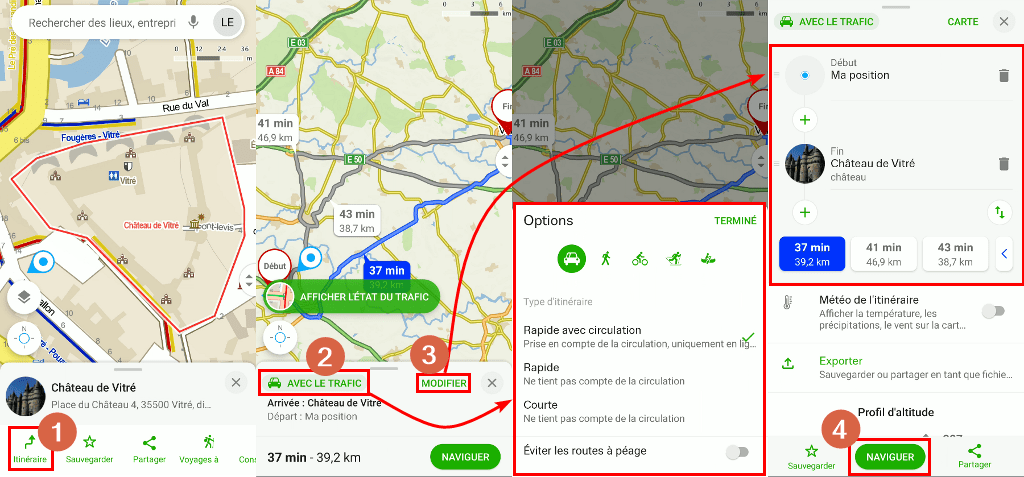Capture d'écran de l'application Android Mapy.cz, réglages itinéraire