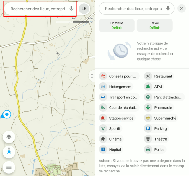 Capture d'écran de l'application Mapy.cz, recherche de lieux