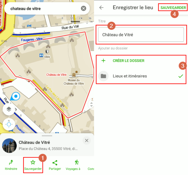 Capture d'écran de l'application Android Mapy.cz, sauvegarder un lieu