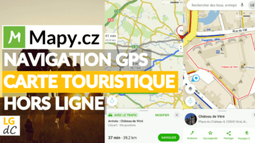 Mapy.cz, logo de l'application, captures d'écran de l'app Android et photo de randonneurs en fond