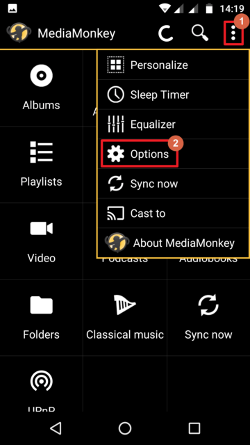 Capture d'écran de l'application MediaMonkey Android, accès aux options.