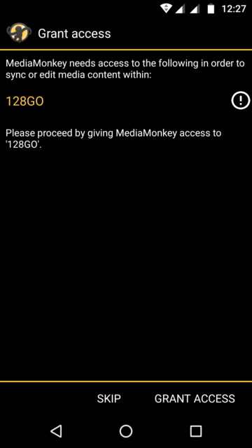 Capture d'écran de l'application MediaMonkey Android, demande pour accorder l'accès à la carte mémoire.