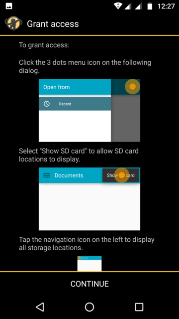 Capture d'écran de l'application MediaMonkey Android, démonstration marche à suivre pour accorder l'accès à la carte SD.