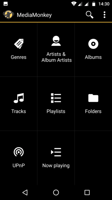 Capture d'écran de l'application MediaMonkey Android, exemple d'écran d'accueil personnalisé.