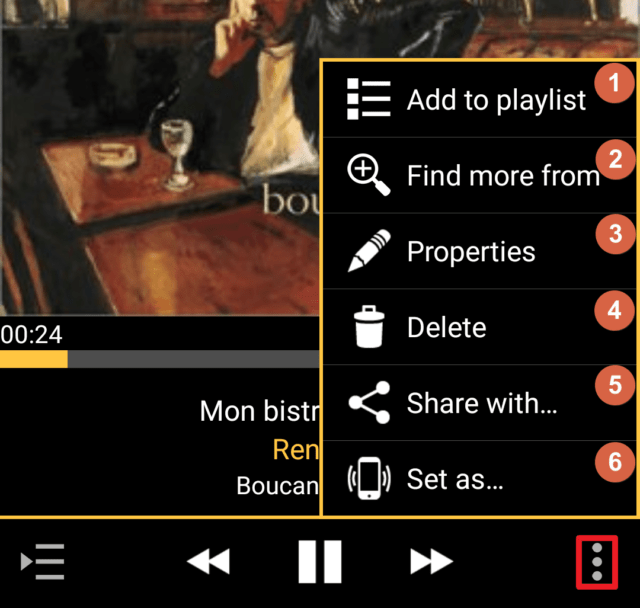 Capture d'écran de l'application MediaMonkey Android, actions supplémentaires d'une chanson en cours.