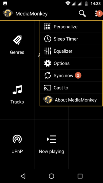 Capture d'écran de l'application MediaMonkey, bouton de synchronisation disponible via le menu.