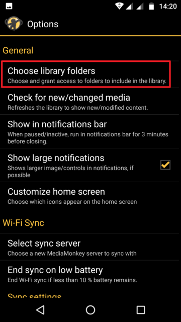 Capture d'écran de l'application MediaMonkey Android, options.