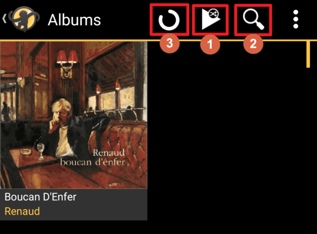 Capture d'écran de l'application MediaMonkey Android, vue "Albums" avec les boutons de lecture aléatoire et recherche.