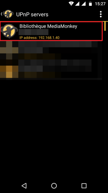 Capture d'écran de l'application MediaMonkey, liste des serveurs UPnP.