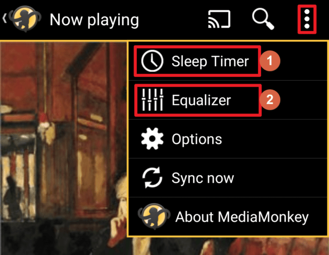 Capture d'écran de l'application MediaMonkey Android, minuteur et égaliseur.