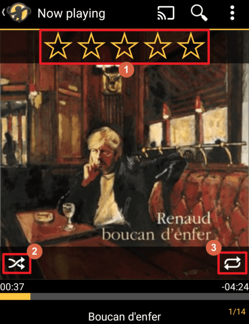 Capture d'écran de l'application MediaMonkey Android, boutons de notation et modes de lecture.