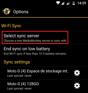 Capture d'écran de l'application MediaMonkey, option "Select sync server".