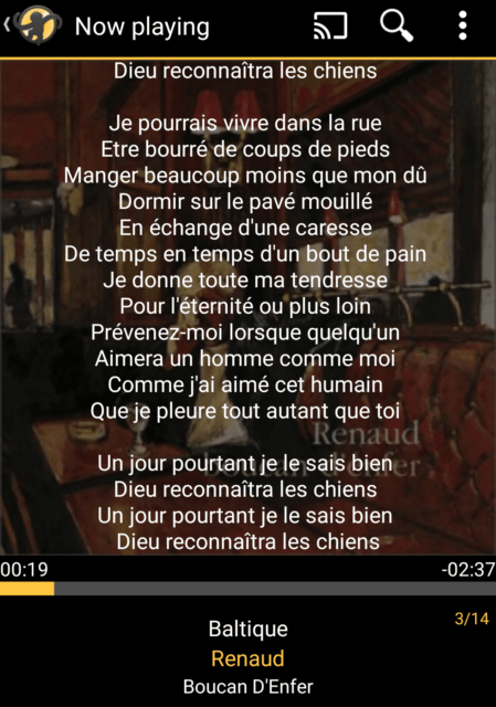 Capture d'écran de l'application MediaMonkey Android, paroles affichées.