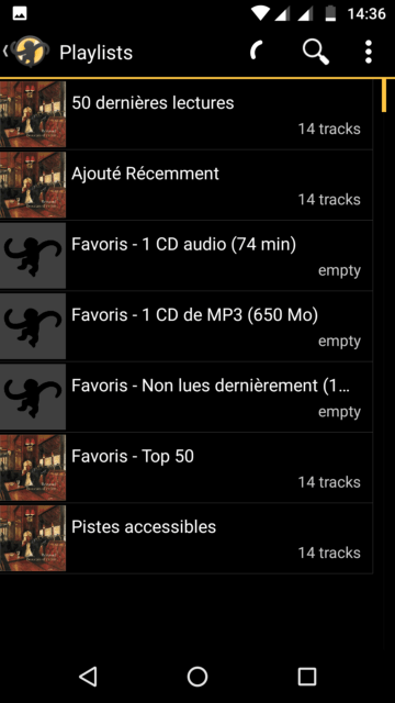 Capture d'écran de l'application MediaMonkey Android, listes de lecture.