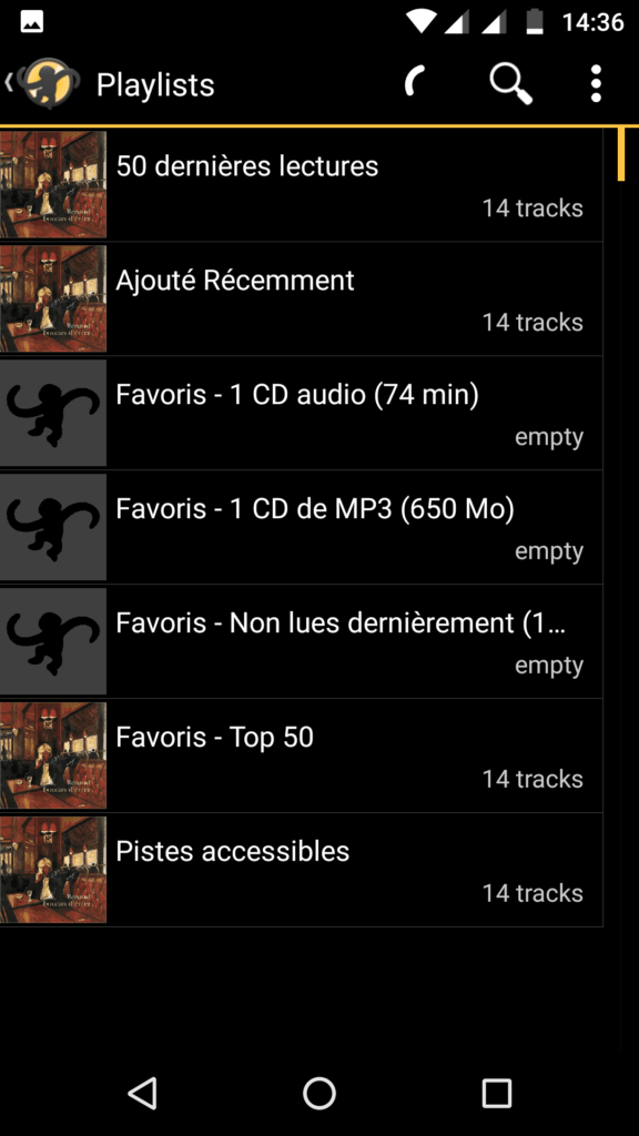 Capture d'écran de l'application MediaMonkey Android, listes de lecture.