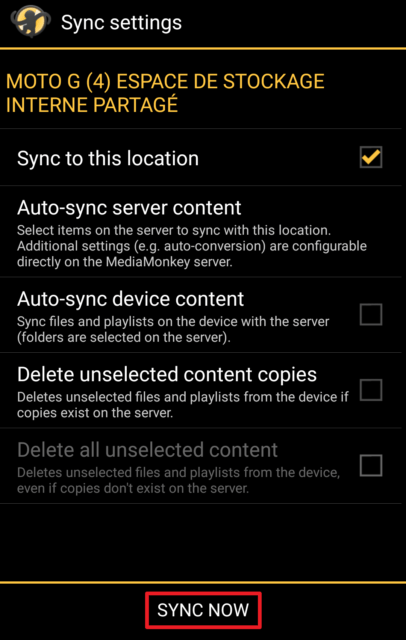 Capture d'écran de l'application MediaMonkey Android, lancement de la synchronisation depuis les options.