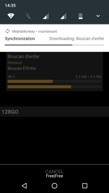 Capture d'écran de l'application MediaMonkey Android, synchronisation en cours.