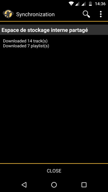 Capture d'écran de l'application MediaMonkey Android, synchronisation terminée.