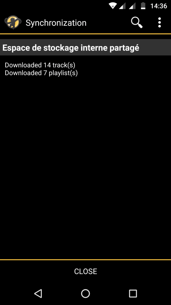 Capture d'écran de l'application MediaMonkey Android, synchronisation terminée.