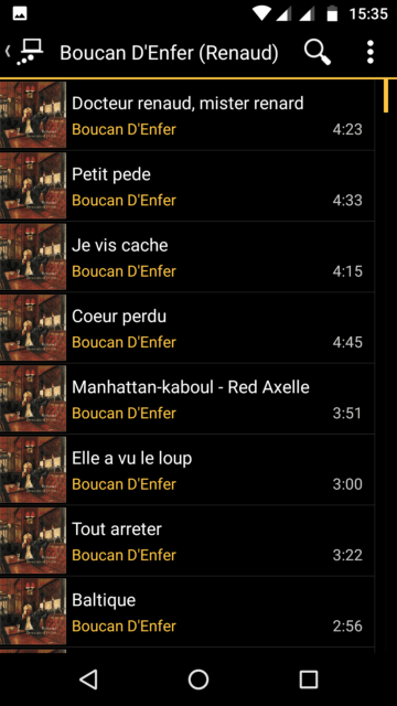 Capture d'écran de l'application MediaMonkey Android, liste des pistes d'un album via UPnP.