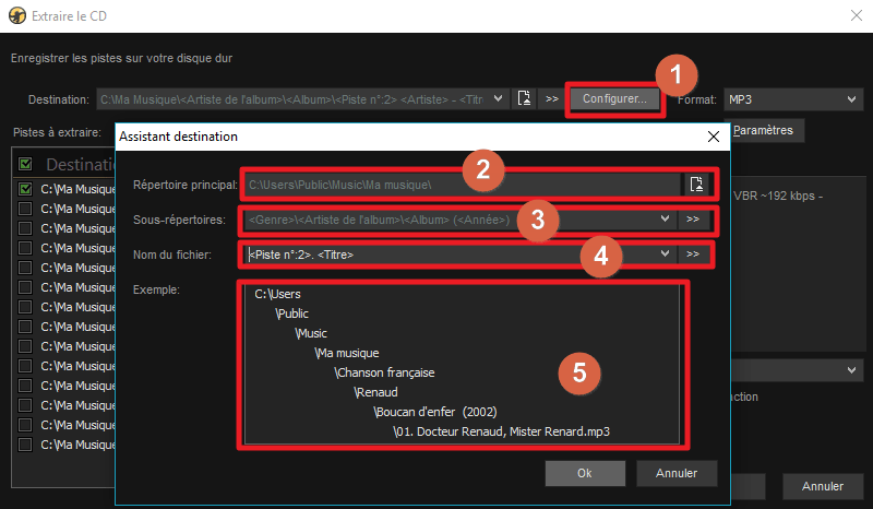 Capture d'écran de l'application MediaMonkey, assistant destination.