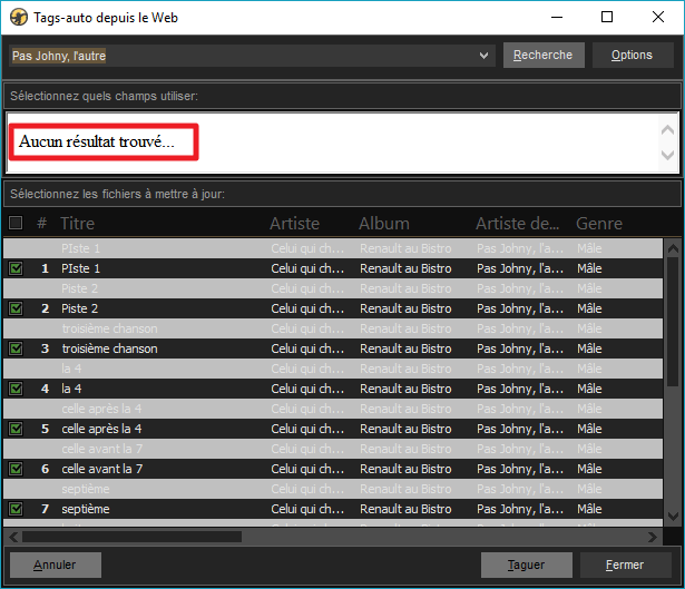 Capture d'écran de l'application MediaMonkey, fenêtre "Tags-auto depuis le web" montrant qu'aucun résultat na été trouvé.