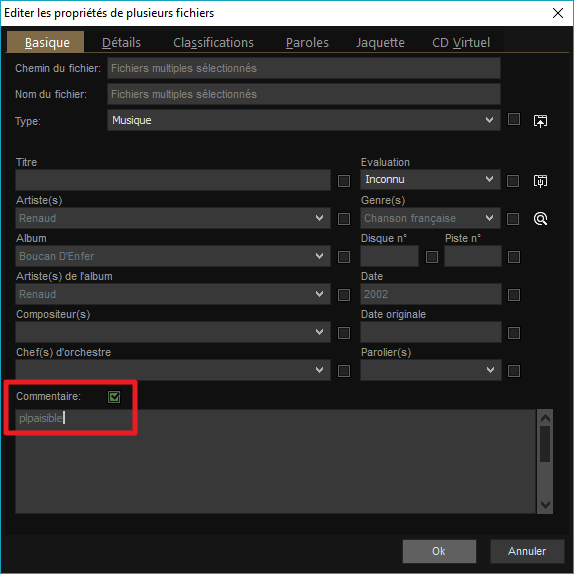 Capture d'écran de l'application MediaMonkey, ajout de "plpaisible" au commentaire de deux fichiers.