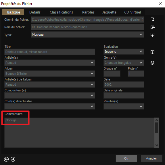 Capture d'écran de l'application MediaMonkey, ajout de "plbouge" au champ commentaire.