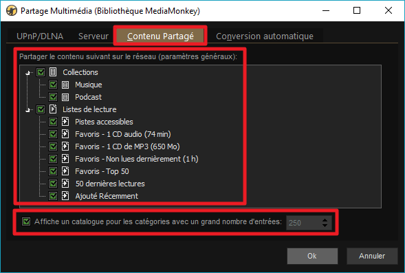Capture d'écran de l'application MediaMonkey, option "contenu partagé".