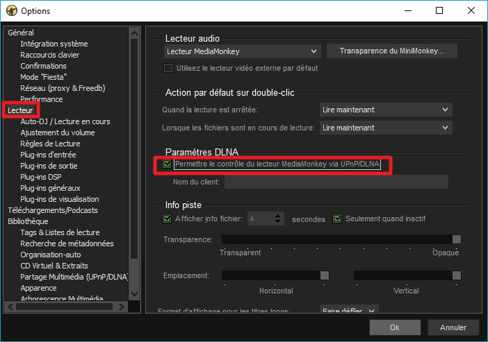 Capture d'écran de l'application MediaMonkey, option pour permettre le contrôle du lecteur MediaMonkey via UPNP.