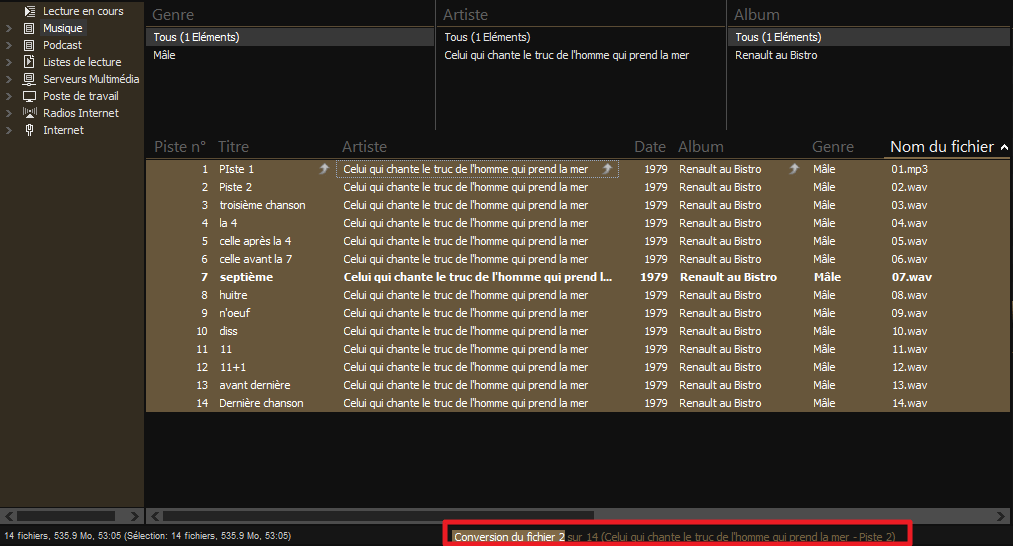 Capture d'écran de l'application MediaMonkey, conversion de fichiers en cours.