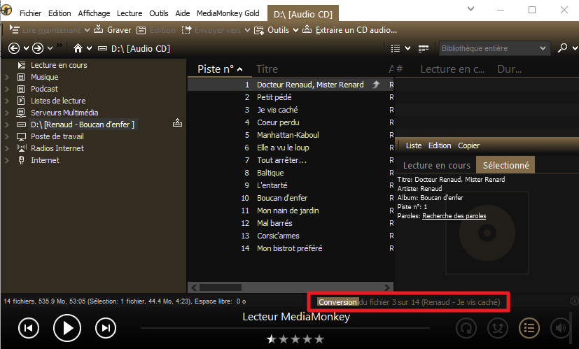 Capture d'écran de l'application MediaMonkey, conversion en cours.