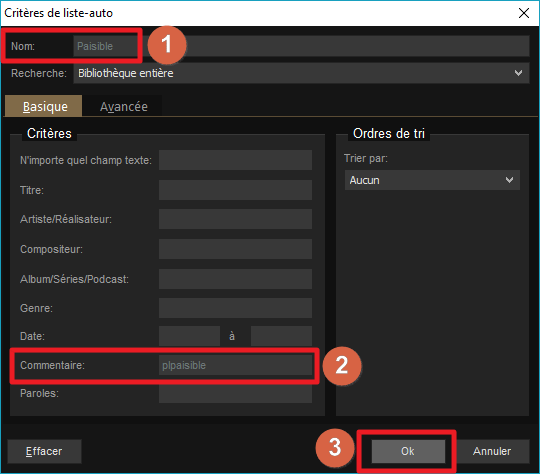 Capture d'écran de l'application MediaMonkey, critères de liste-auto avec nom "Paisible" et critère commentaire "plpaisible".