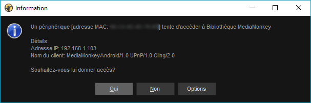 Capture d'écran de l'application MediaMonkey Windows, demander d'accès UPnP.