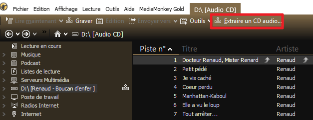 Capture d'écran de l'application MediaMonkey, bouton "Extraire un CD-AUDIO".