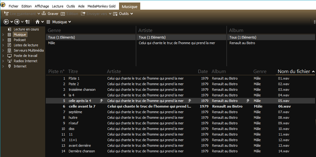Capture d'écran de l'application MediaMonkey, fichiers mal tagués.