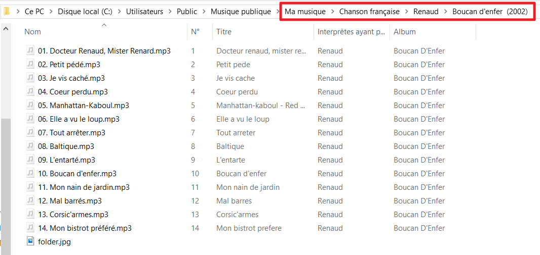 Capture d'écran de l'application explorateur de fichiers Windows, dossier contenant les chansons extraites.