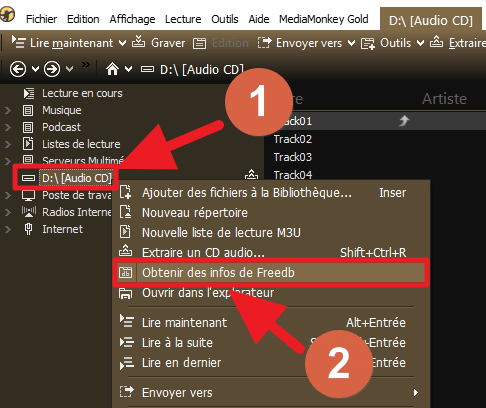 Capture d'écran de l'application MediaMonkey, obtenir des infos de Freedb.
