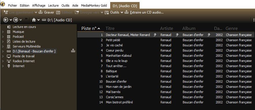 Capture d'écran de l'application MediaMonkey, informations CD-AUDIO récupérées.