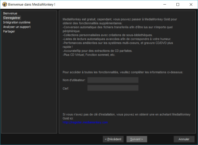 Capture d'écran de l'application MediaMonkey, informations licence.