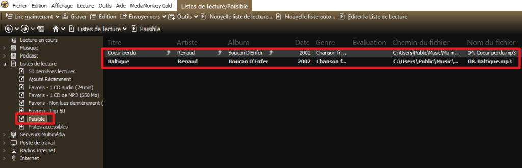 Capture d'écran de l'application MediaMonkey, liste de lecture automatique "Paisible" affichant 2 pistes.