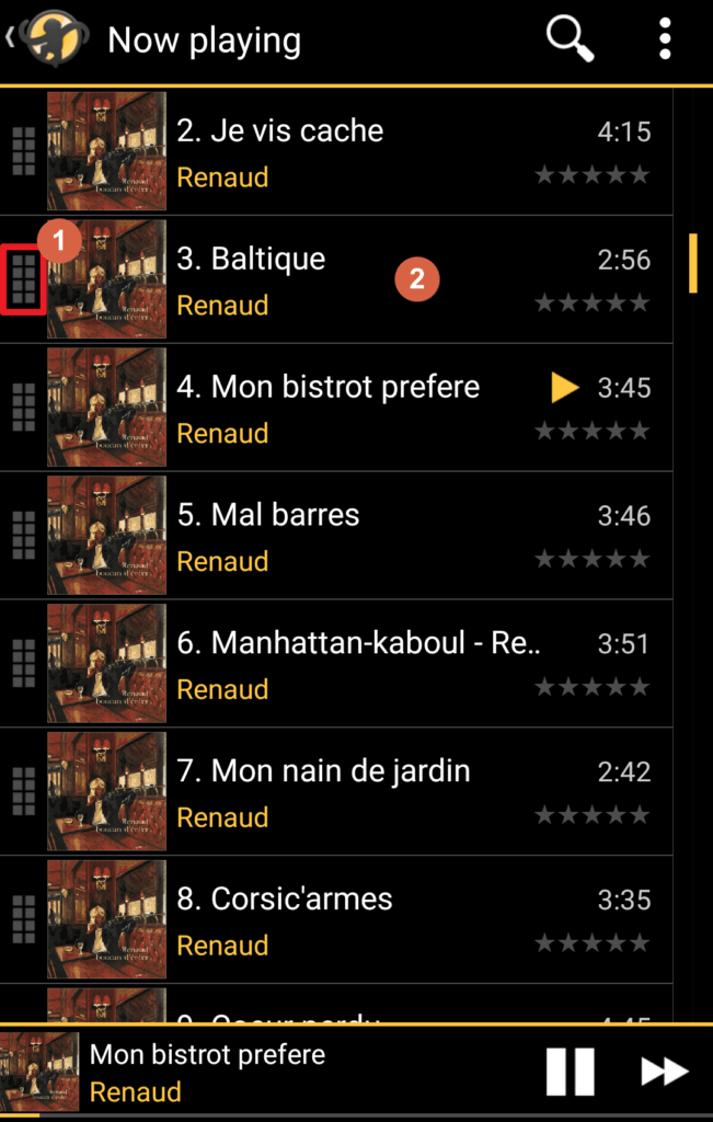 Capture d'écran de l'application MediaMonkey Android, écran liste de lecture en cours.