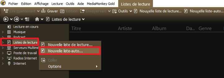 Capture d'écran de l'application MediaMonkey, nouvelle liste-auto.