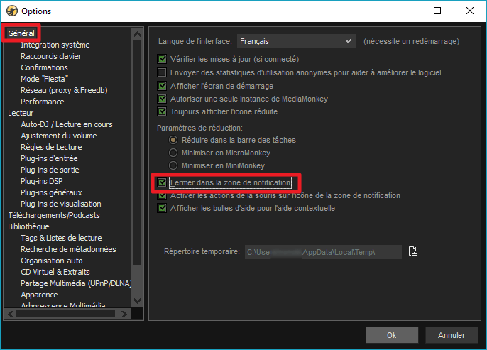 Capture d'écran de l'application MediaMonkey, option "fermer dans la zone de notification".