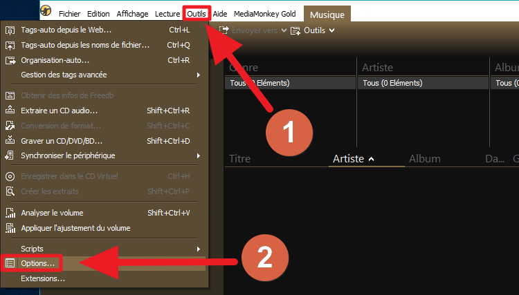 Capture d'écran de l'application MediaMonkey, boutons "Outils" et "Options".