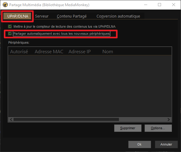 Capture d'écran de l'application MediaMonkey, partager automatiquement al bibliothèque avec les nouveaux périphériques.