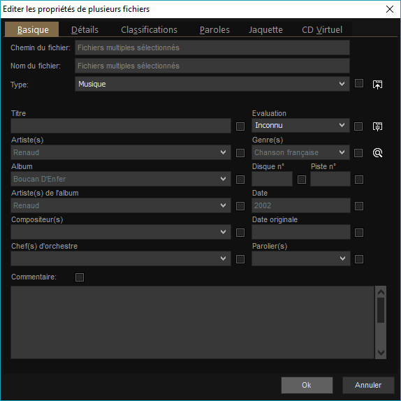 Capture d'écran de l'application MediaMonkey, édition des propriétés des fichiers, onglet "basique".