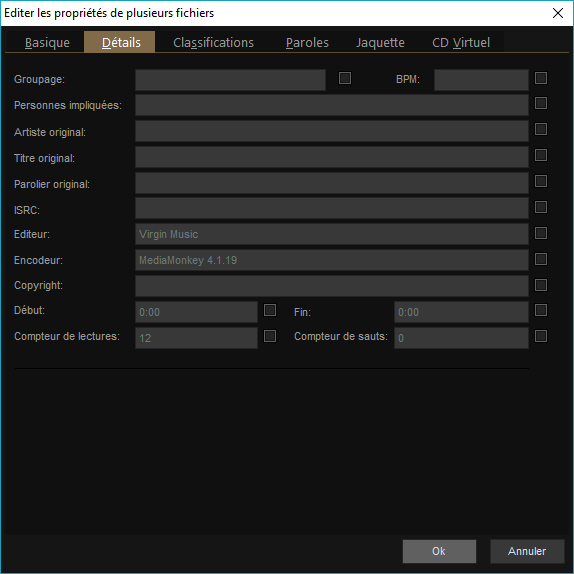 Capture d'écran de l'application MediaMonkey, édition des propriétés des fichiers, onglet "Détails".