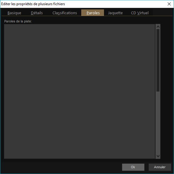 Capture d'écran de l'application MediaMonkey, édition des propriétés des fichiers, onglet "Paroles".